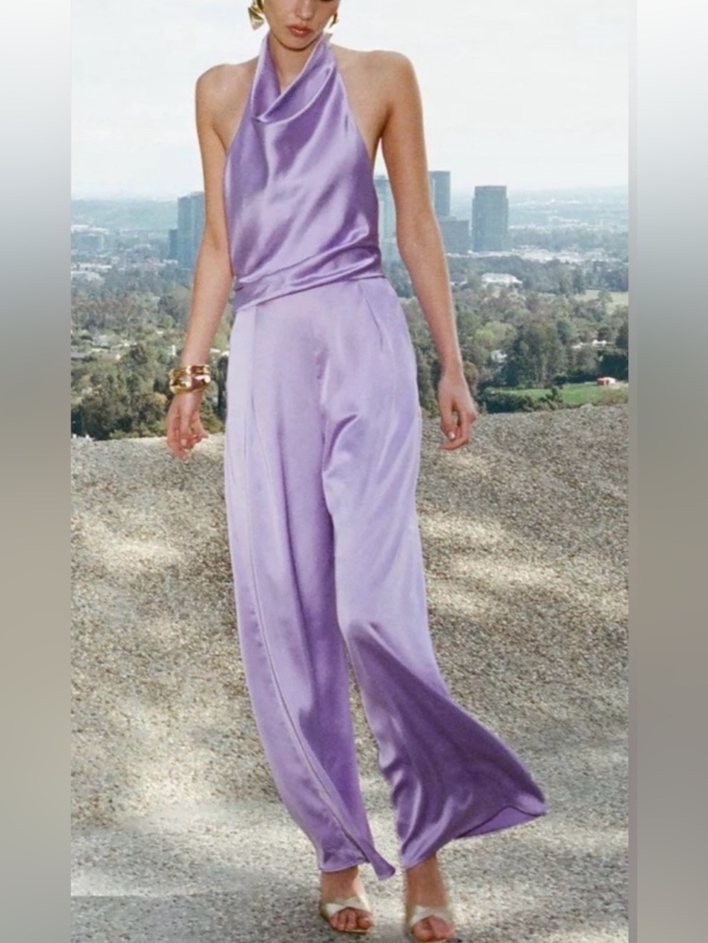 Zara Purple Satin Halter Wide Leg Jumpsuit Draped Cowl Neck Size Large